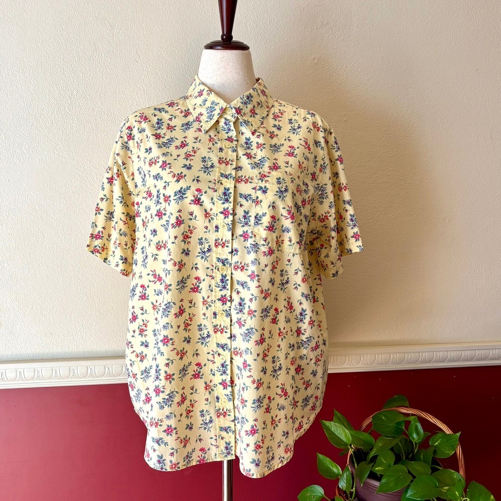 Vintage Basic Editions Yellow Floral Button Down Top 16W Country Cottage Grandma